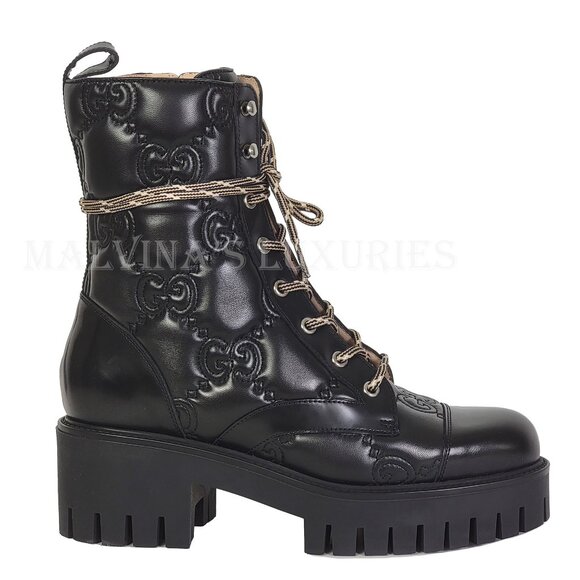 GUCCI BOOTS ANKLE BLACK GG LOGO LEATHER QUILTED LACE-UP sz 39.5 9.5 US - Picture 6 of 16